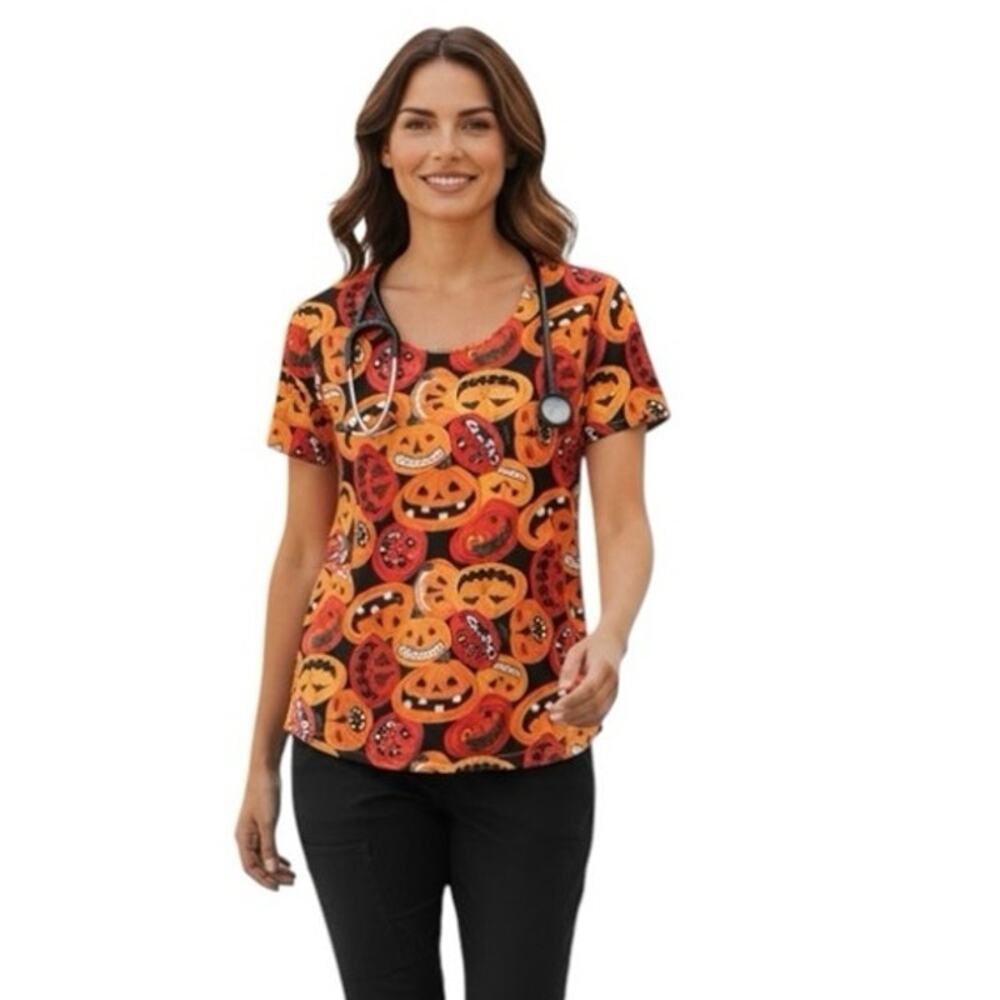 Cotton & Co. Pumpkin Print Scrub Top Size Medium Black Orange White 100% Cotton